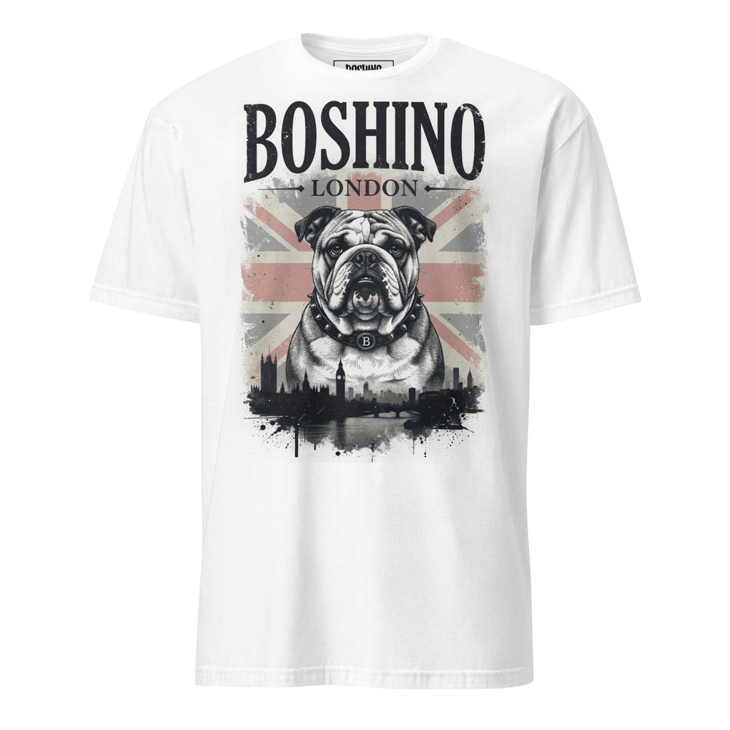 A white short-sleeve crewneck t-shirt featuring a graphic print of an English Bulldog in front of a Union Jack flag and London skyline, with 'BOSHINO LONDON' printed above.