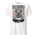 A white short-sleeve crewneck t-shirt featuring a graphic print of an English Bulldog in front of a Union Jack flag and London skyline, with 'BOSHINO LONDON' printed above.