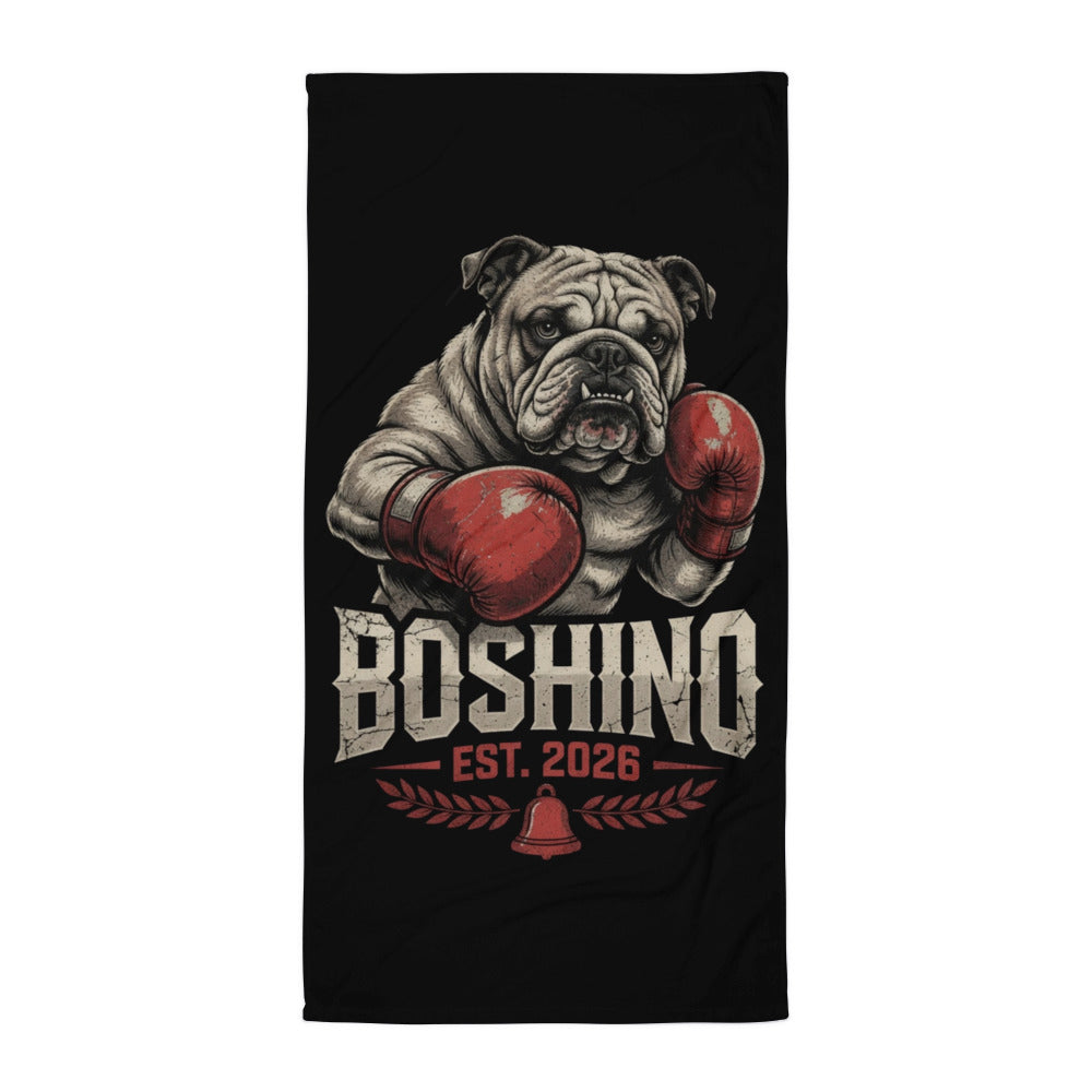 A black rectangular towel or mat featuring a graphic of an English bulldog boxer with red boxing gloves and the text 'BOSHINO EST. 2026' in distressed white and red lettering.