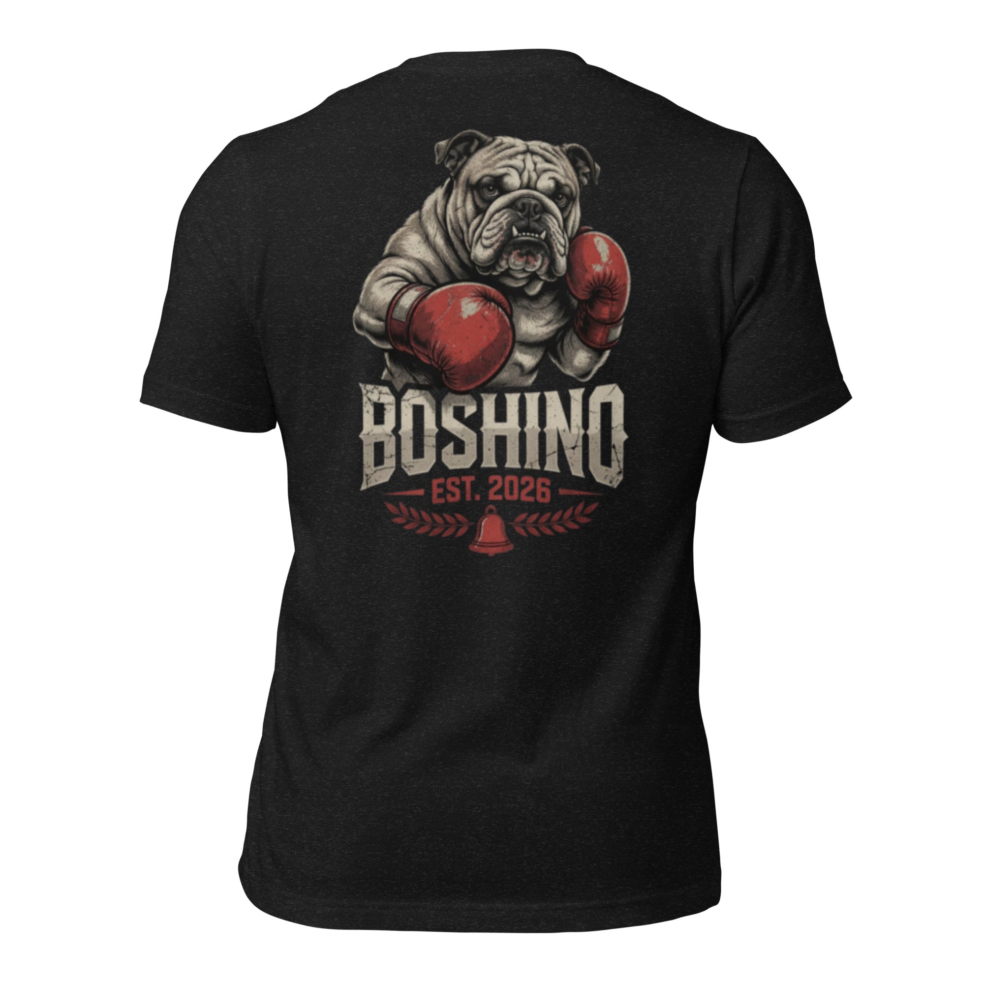 A black short-sleeve t-shirt shown from the back, featuring a graphic of an bulldog wearing red boxing gloves with the text 'BOSHINO EST. 2026' printed below.