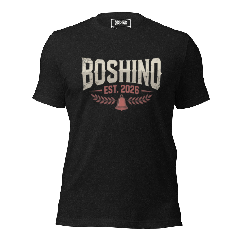 Black t-shirt with 'Boshino’ graphic on a white background