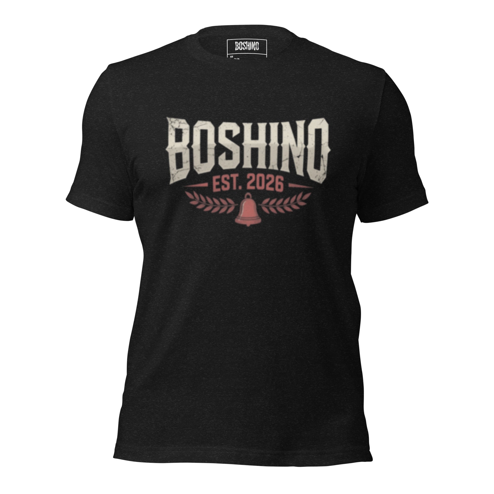 Black t-shirt with 'Boshino’ graphic on a white background