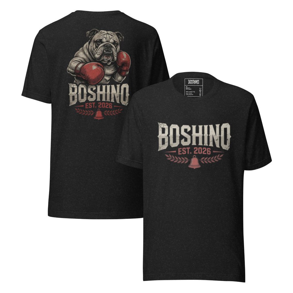 Black t-shirt with bulldog graphic design on the back, displayed from front and back views.
