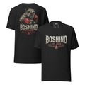 Black t-shirt with bulldog graphic design on the back, displayed from front and back views.
