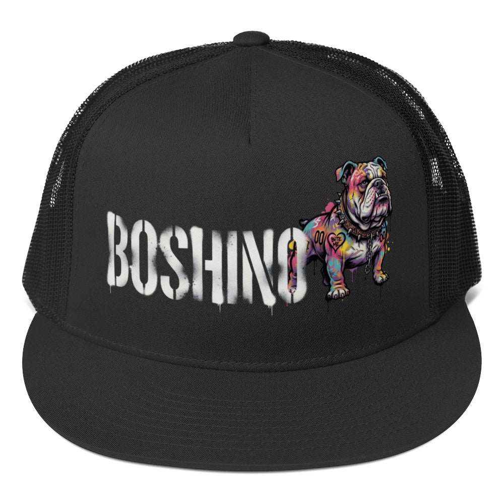 Black trucker hat with a colorful bulldog graphic and 'Boshino' text on a white background