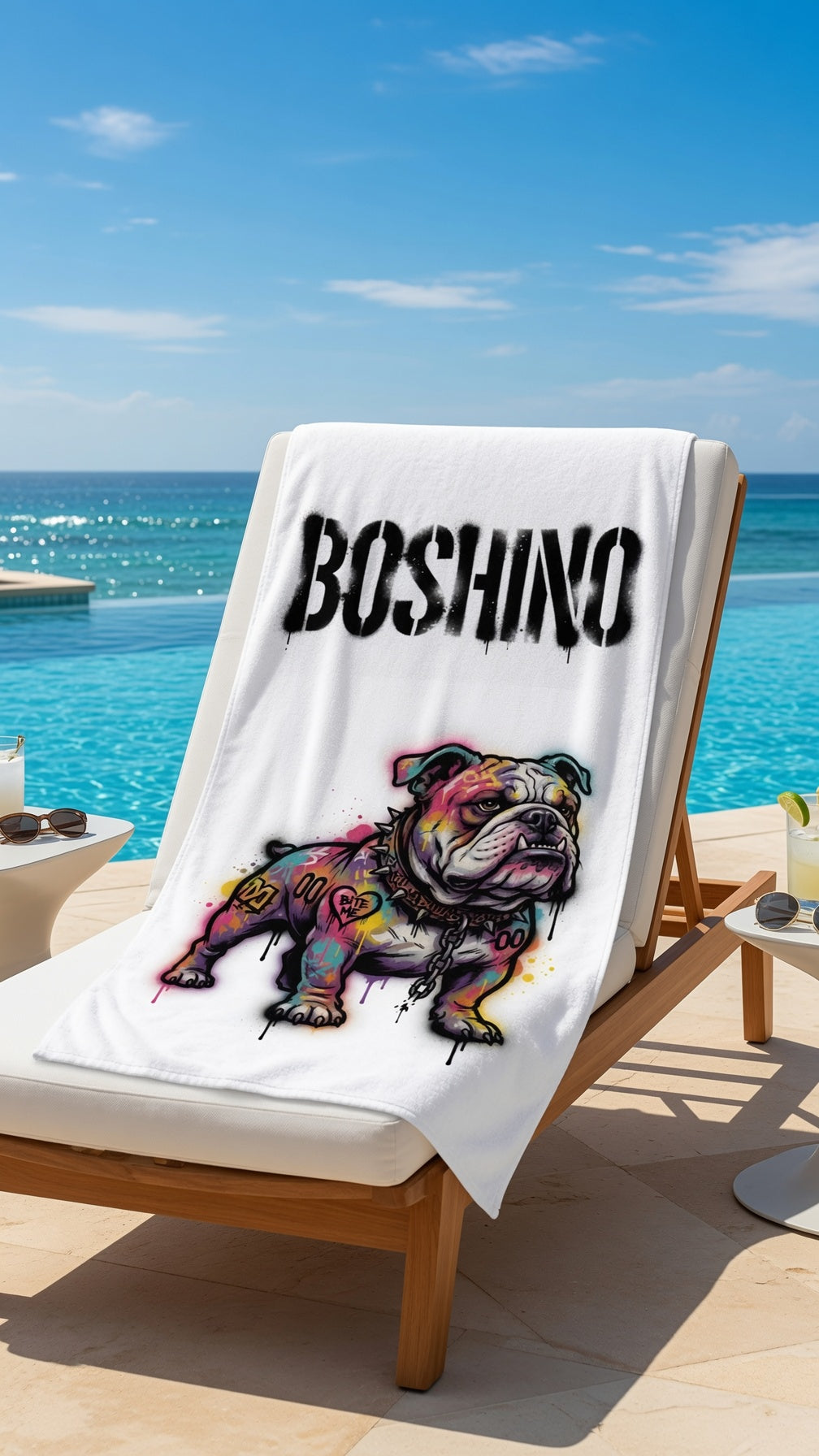 A white beach towel draped over a wooden lounge chair by a pool, featuring the word 'BOSHINO' in black graffiti-style lettering above a colorful illustrated bulldog. The background shows a sunny outdoor poolside setting with blue sky and ocean.