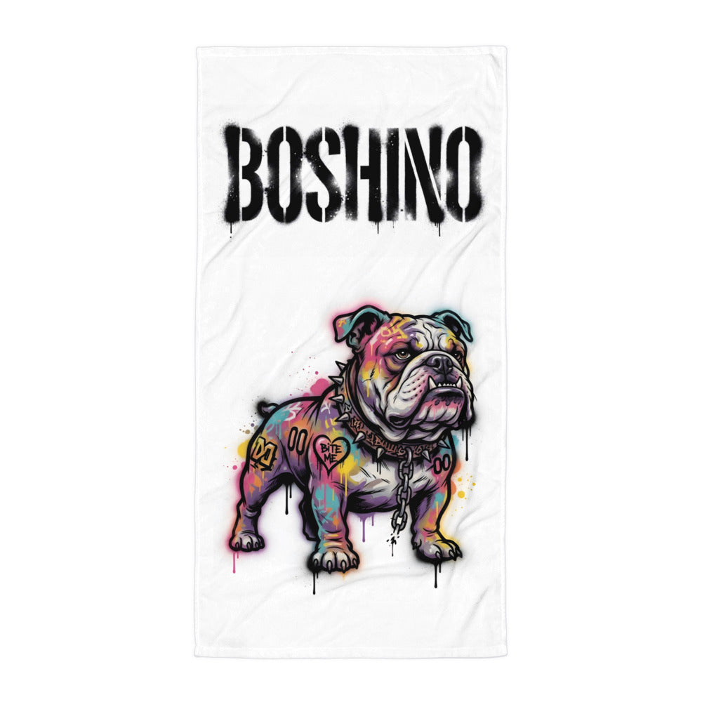 Colorful bulldog illustration with 'Boshino' text on a white background