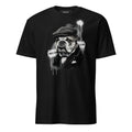 A black short-sleeve crewneck t-shirt featuring a stylised black and white graphic of a bulldog wearing a flat cap and suit, with spray paint and razor blade details, shown on a plain white background.