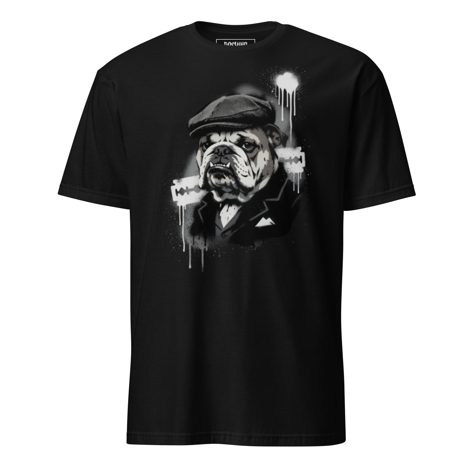 A black short-sleeve crewneck t-shirt featuring a stylised black and white graphic of a bulldog wearing a flat cap and suit, with spray paint and razor blade details, shown on a plain white background.