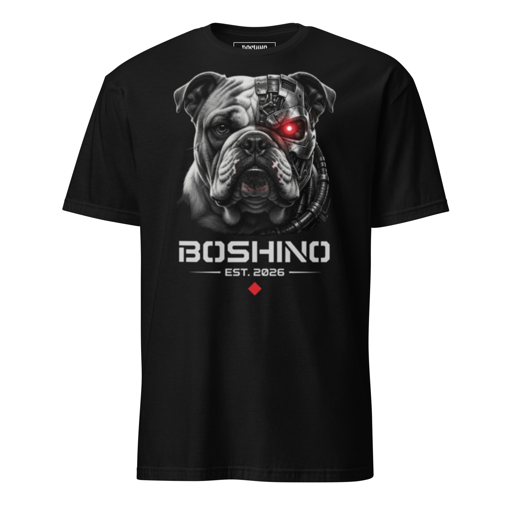 A black short-sleeve t-shirt featuring a graphic print of a bulldog with one glowing red eye and a cybernetic collar, with the text 'BOSHINO EST. 2026' printed below.