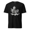 A black short-sleeve crewneck t-shirt featuring a detailed black and white graphic print of a kitten sitting on top of a tattooed bulldog, displayed against a solid white background.