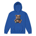 A royal blue pullover hoodie featuring a central graphic of a distressed, vintage-style bulldog wearing a teal bow tie, displayed against a solid white background.