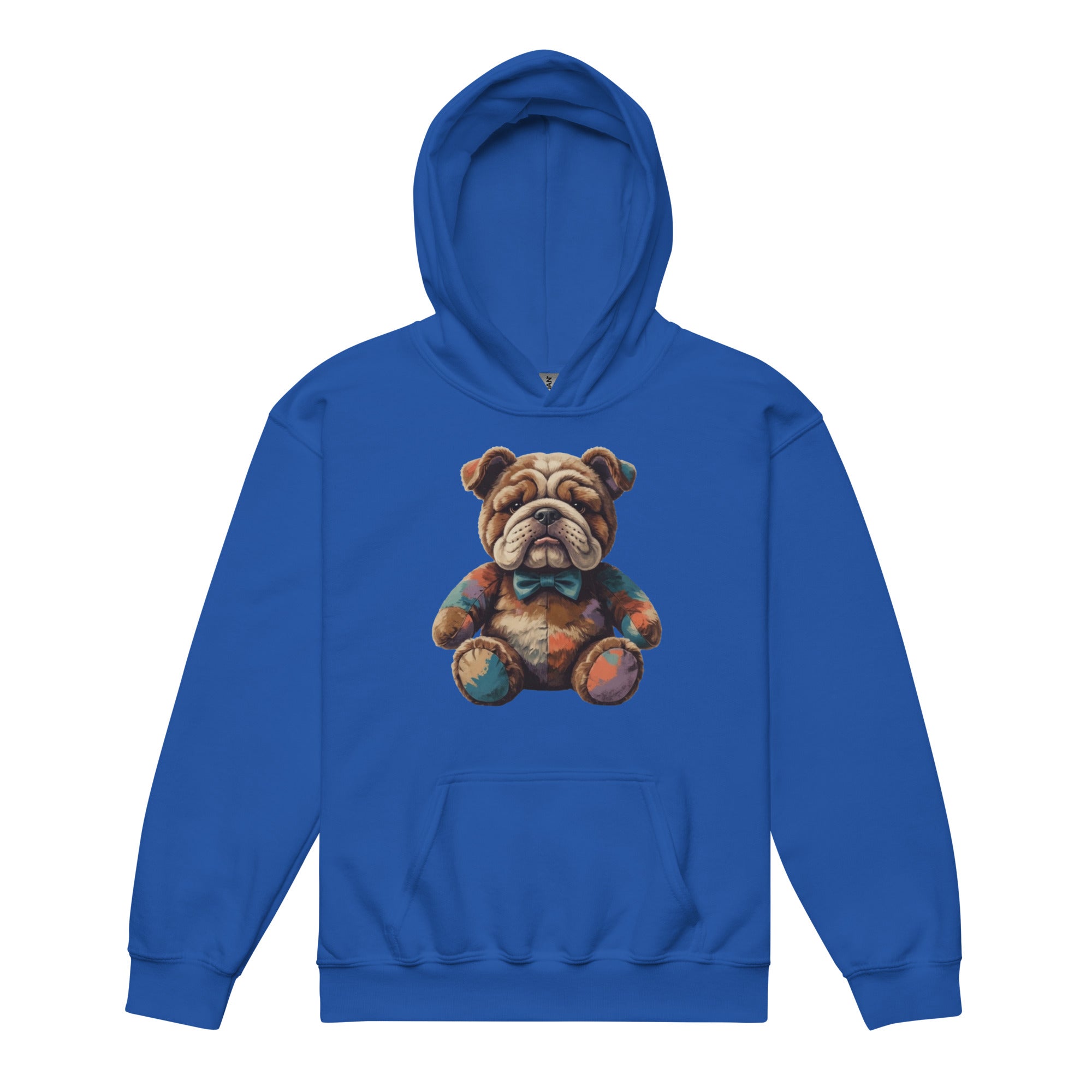 A royal blue pullover hoodie featuring a central graphic of a distressed, vintage-style bulldog wearing a teal bow tie, displayed against a solid white background.