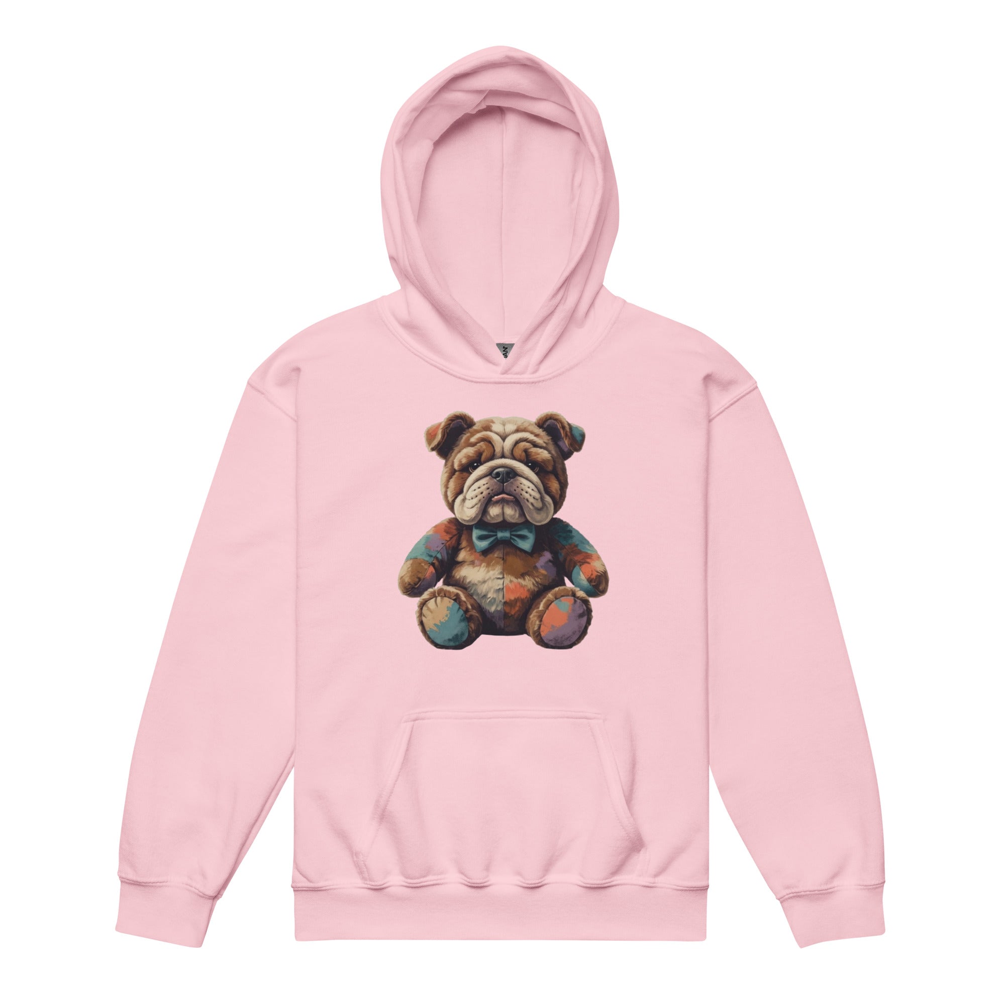 A light pink pullover hoodie featuring a central graphic of a bulldog wearing a colorful patchwork outfit and a blue bow tie, displayed on a clean white background.