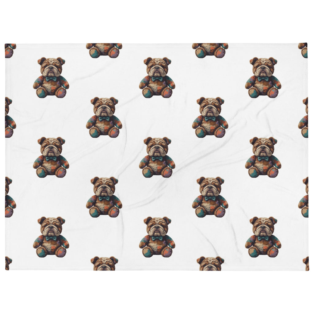 A repeating pattern of small bulldog teddy bears on a white background, with the bears rendered in earthy brown, beige, and muted teal tones.