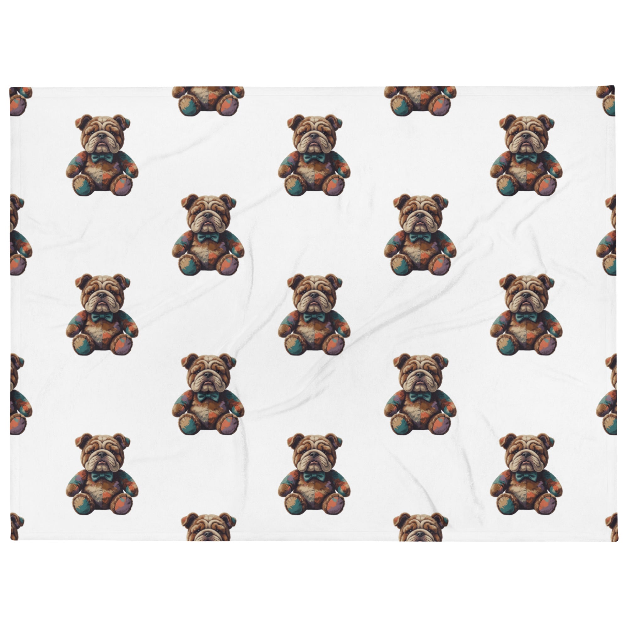 A repeating pattern of small bulldog teddy bears on a white background, with the bears rendered in earthy brown, beige, and muted teal tones.
