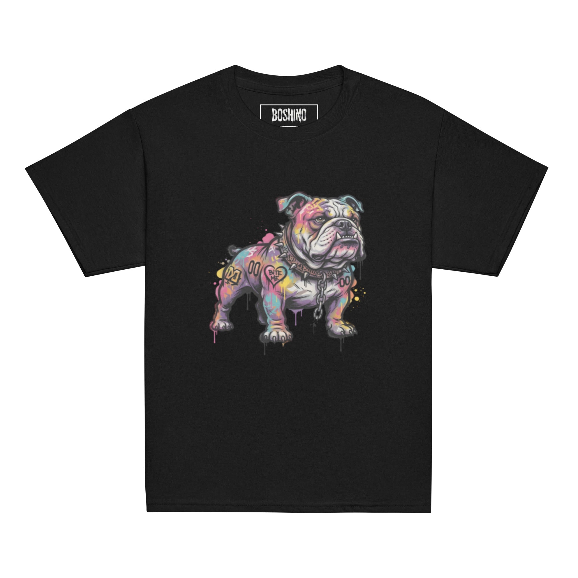 Black t-shirt with Boshino bulldog logo